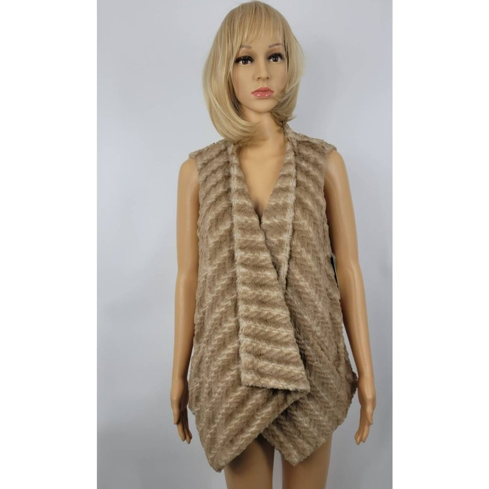 G By Giuliana Womens Vest Brown Beige Waist Length Open Pockets Faux Fur New